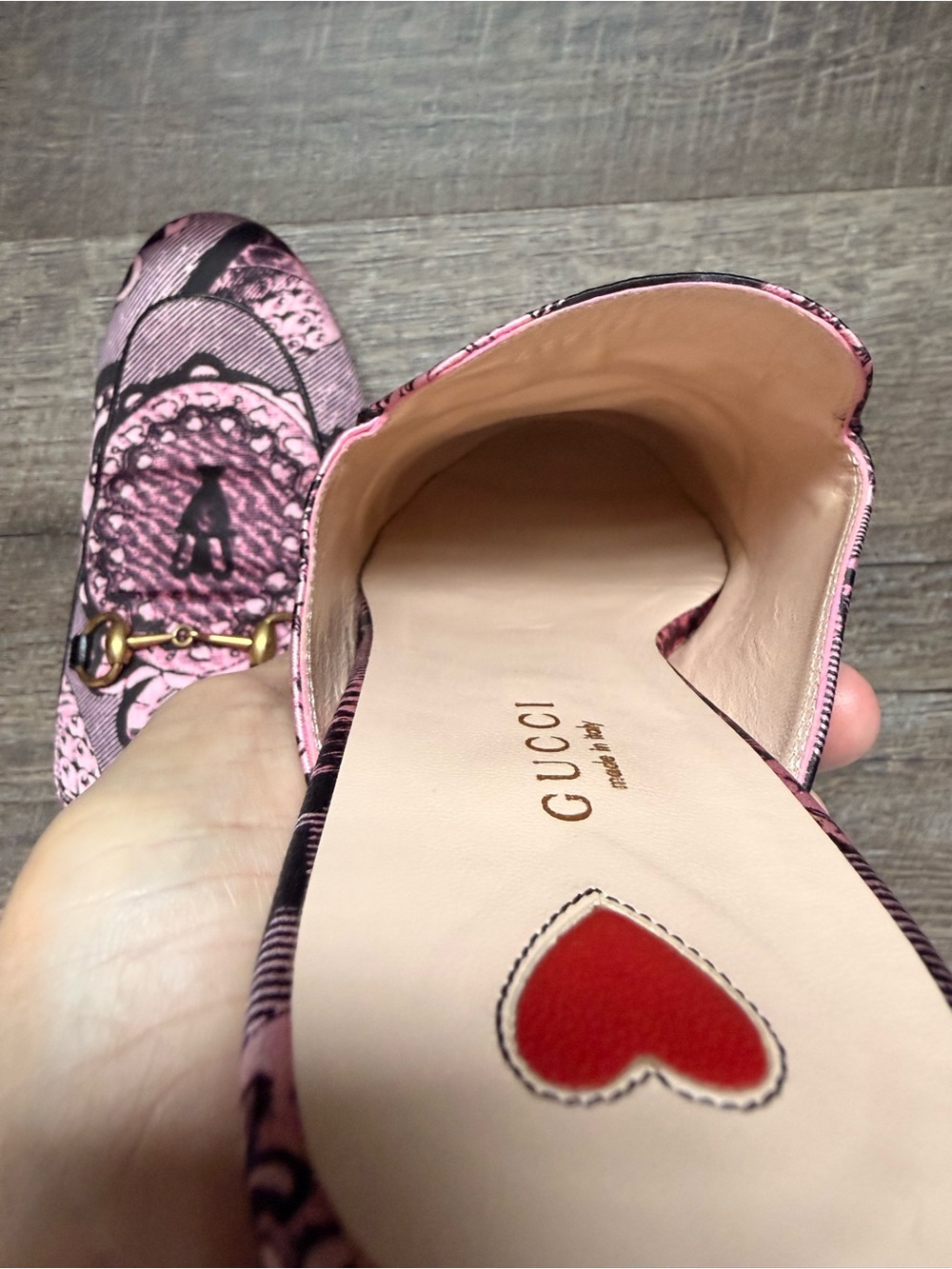 Gucci Pink and Black Printed Leather Horsebit Mules US7 EU37 - Picture 9 of 11
